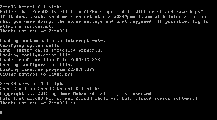 ZeroSH shell after kernel boot up. The messages on the top are kernel startup messages.