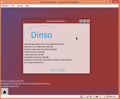 Dinso's desktop running the &quot;sysinfo&quot; application. Notice the high resolution VESA graphics.