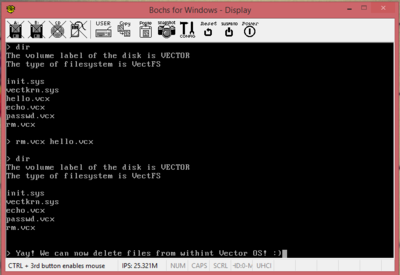 A demonstration of deleting a file within Vector OS.